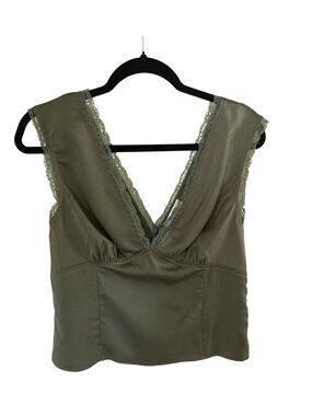 SHOWPO  Gloria Top V Neck Lace Detail Cap Sleeve Top in Sage 10 NWT